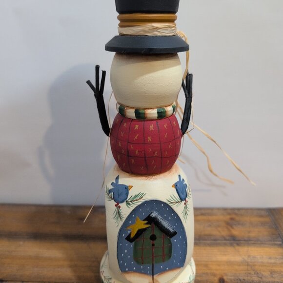 Hand Painted Wooden Snowman Candlestick Candleholder Christmas Winter - Picture 2 of 6